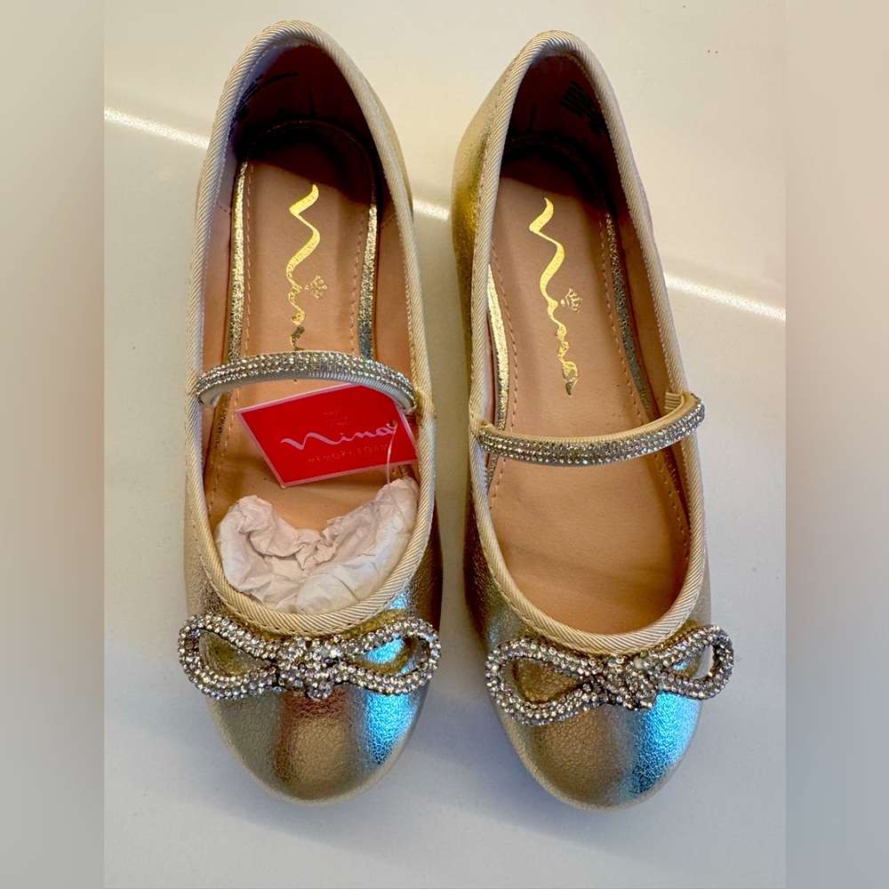 Nina girls size 13 party shoes gold with crystal heart bow and crystal strap NEW